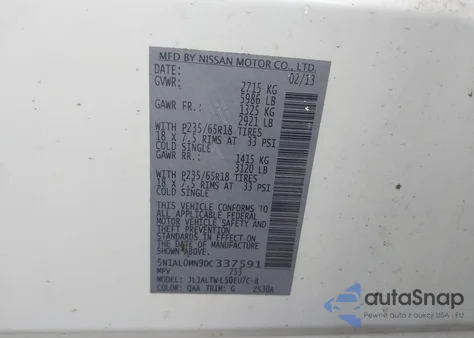 2013 Infiniti Jx35 z USA, uszkodzony, nr VIN 5N1AL0MN9DC337591